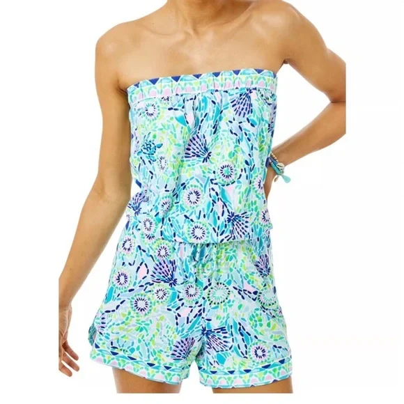 Lilly Pulitzer Rikki Romper Floral Blue Green Sz M - Picture 1 of 7